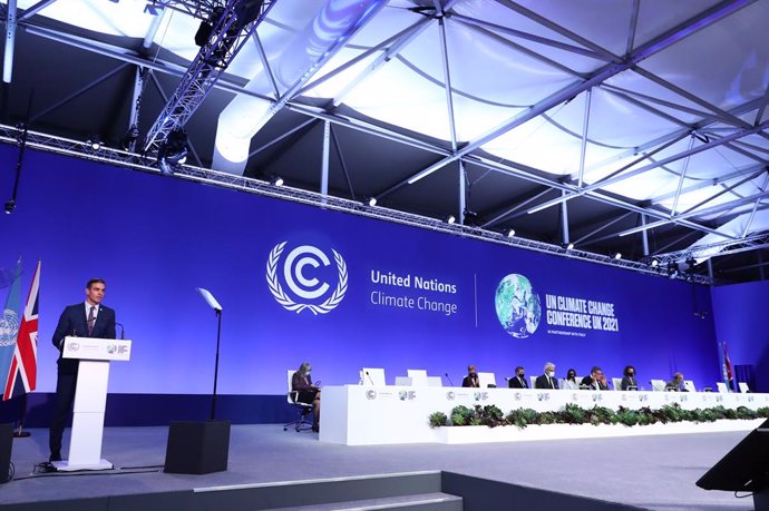 El presidente del Gobierno, Pedro Sánchez, interviene en la segunda jornada de a Conferencia Mundial del Clima, la COP26, a 1 de noviembre de 2021, en Glasgow, (Reino Unido).  