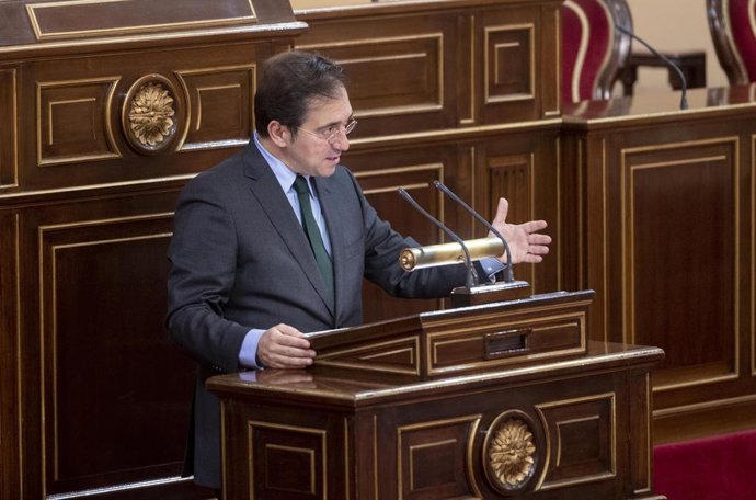 El ministro de Asuntos Exteriores, UE y Cooperación, José Manuel Albares, interviene en el acto de clausura del Congreso Internacional de Editores de Medios de la UE y América Latina, en el Senado, a 10 de noviembre de 2021, en Madrid, (España). El Cong