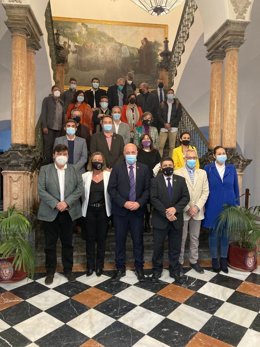 Antonio Ruiz y Francisco Reyes (centro, abajo), en una foto de famlia de la junta directiva del Famsi, reunida en la Diputación de Córdoba.