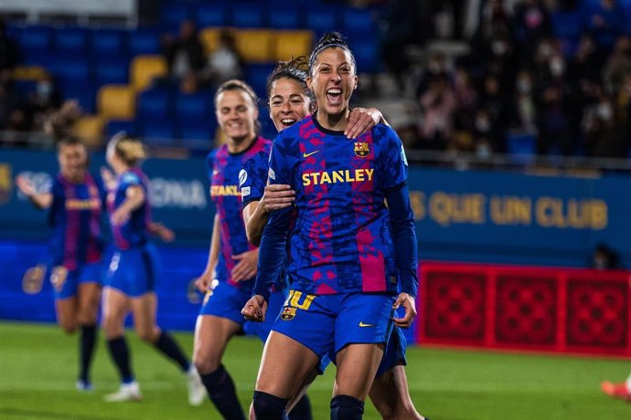 Jenni Hermoso celebra el primer tanto del triunfo culé ante el Hoffenheim en la tercera jornada de la fase de grupos de la Liga de Campeones femenina