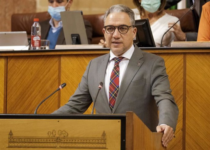 El consejero de la Presidencia, Elías Bendodo, este miércoles durante su intervención en el Pleno del Parlamento.