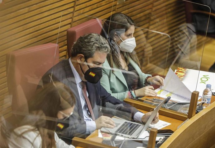 Archivo - La síndica de Vox en Les Corts, Ana Vega (d), y los portavoces adjuntos, José María Llanos y Llanos Massó