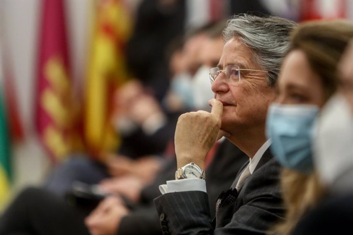 El presidente de Ecuador, Guillermo Lasso, en el Encuentro Empresarial España-Ecuador, a 4 de noviembre de 2021, en Madrid (España). La Cámara de Comercio de España acoge este jueves el Encuentro Empresarial España-Ecuador. El evento destaca por la asis