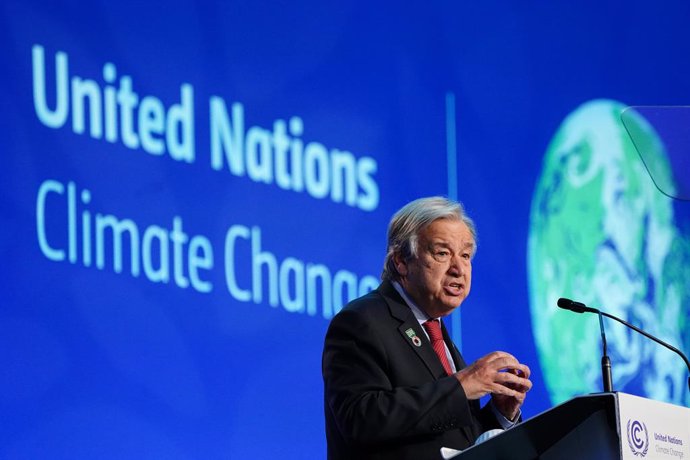 11 November 2021, United Kingdom, Glasgow: UN Secretary-General Antonio Guterres delivers a speech during the Cop26 summit in Glasgow. Photo: Jane Barlow/PA Wire/dpa