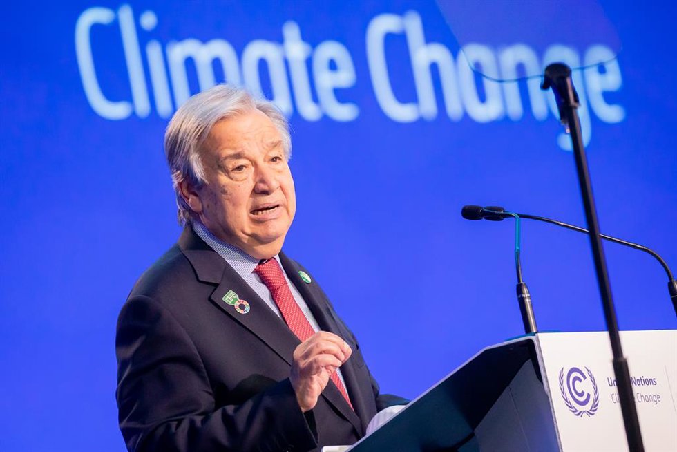 11 November 2021, United Kingdom, Glasgow: UN Secretary-General Antonio Guterres delivers a speech during the Cop26 summit in Glasgow. Photo: Christoph Soeder/dpa