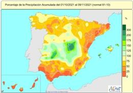 Las lluvias acumuladas en España entre el 1 de octubre y el 9 de noviembre están un 31% por debajo de lo normal.