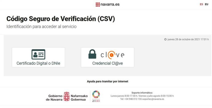 Pantalla de identificación para acceder al servicio de verificación de documentos indicando el código CSV que está integrado en Ateka.