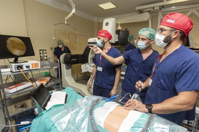 Práctica de una endoscopia de columna con un simulador.