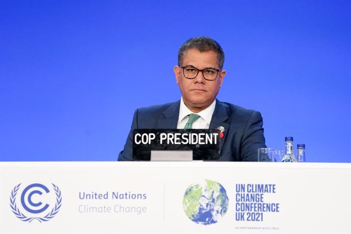 12 November 2021, United Kingdom, Glasgow: Cop26 President Alok Sharma attends a plenary session on the final day of the United Nations Climate Change Conference (COP26). Photo: Jane Barlow/PA Wire/dpa