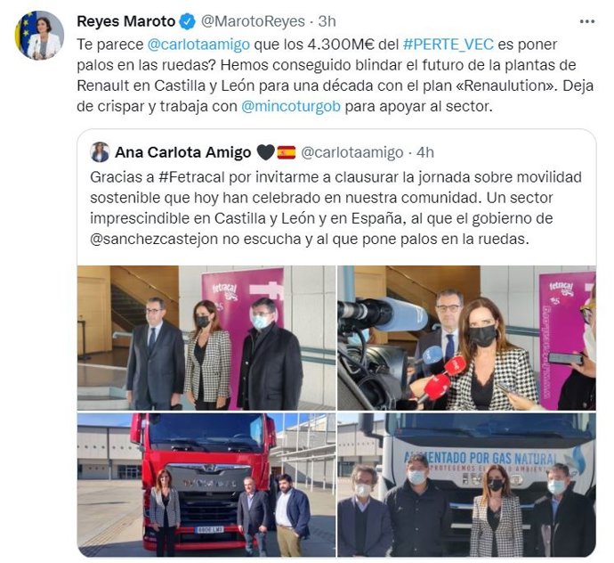 Tuit de la ministra de Industria, Comercio y Turismo, Reyes Maroto, en respuesta a la consejera de Empleo e Industria de la Junta de Castilla y León, Ana Carlota Amigo.