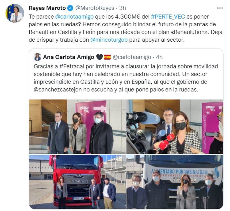 Tuit de la ministra de Industria, Comercio y Turismo, Reyes Maroto, en respuesta a la consejera de Empleo e Industria de la Junta de Castilla y León, Ana Carlota Amigo.