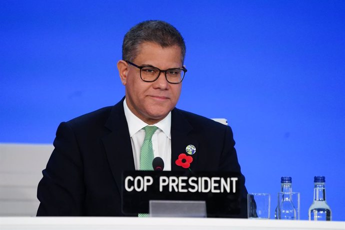 13 November 2021, United Kingdom, Glasgow: Alok Sharma, President of the Cop26 Climate Summit, attends a stocktaking plenary session at the United Nations Climate Change Conference (COP26). Photo: Jane Barlow/PA Wire/dpa