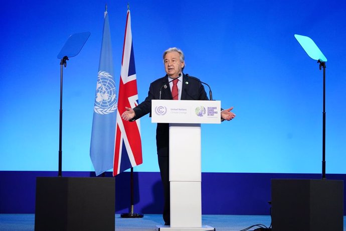 11 November 2021, United Kingdom, Glasgow: UN Secretary-General Antonio Guterres delivers a speech during the Cop26 summit in Glasgow. Photo: Jane Barlow/PA Wire/dpa