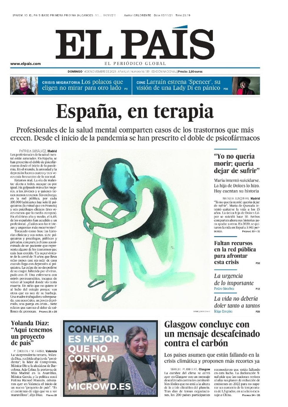 Portada de El País del domingo 14 de noviembre.