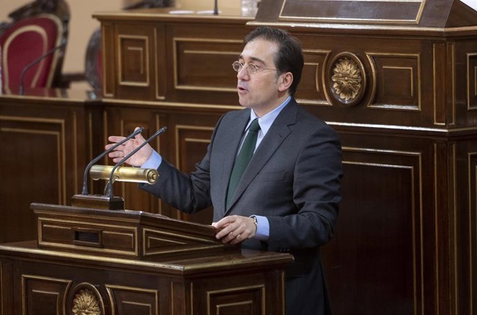 El ministro de Asuntos Exteriores, UE y Cooperación, José Manuel Albares, interviene en el acto de clausura del Congreso Internacional de Editores de Medios de la UE y América Latina, en el Senado, a 10 de noviembre de 2021, en Madrid, (España). El Cong