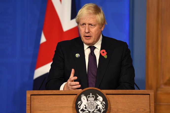 14 November 2021, United Kingdom, London: UKPrime Minister Boris Johnson speaks during a press conference in Downing Street about the Cop26 climate summit. Photo: Daniel Leal/PA Wire/dpa