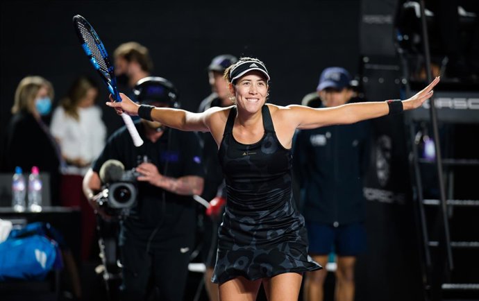 Garbine Muguruza of Spain celebrates the victory during the third round robin match at the 2021 Akron WTA Finals Guadalajara WTA tennis tournament against Anett Kontaveit of Estonia