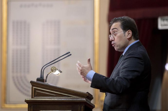 El ministro de Asuntos Exteriores, UE y Cooperación, José Manuel Albares, interviene en el acto de clausura del Congreso Internacional de Editores de Medios de la UE y América Latina, en el Senado, a 10 de noviembre de 2021, en Madrid, (España). El Cong