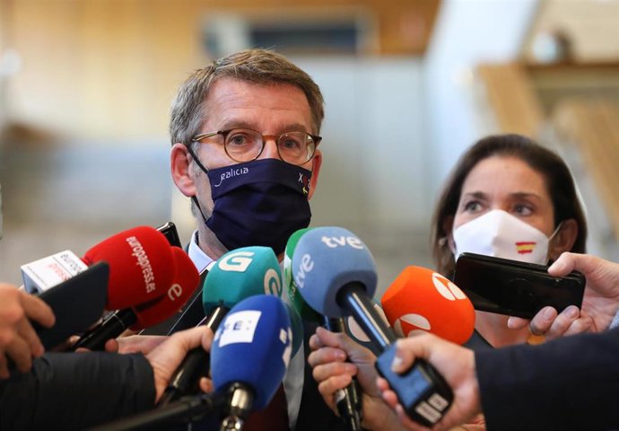 El presidente de la Xunta de Galicia, Alberto Núñez Feijoo, ofrece declaraciones a los medios, después de su reunión con la ministra de Industria, Comercio y Turismo, en la sede del Ministerio, a 15 de noviembre de 2021, en Madrid, (España). Durante la 