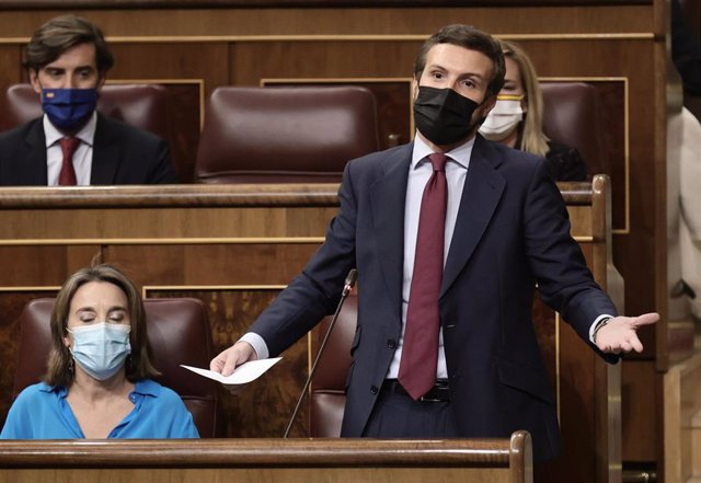 El líder del PP, Pablo Casado, interviene en una sesión de control en el Congreso de los Diputados, a 10 de noviembre de 2021, en Madrid, (España). 