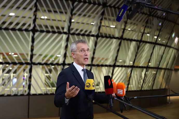16 November 2021, Belgium, Brussels: NATO Secretary General Jens Stoltenberg delivers a statement prior to an informal lunch meeting with EU defence ministers on the sidelines of a Foreign Affairs Coucil at the EU Council. Photo: Valeria Mongelli/ZUMA P