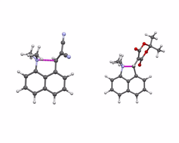 Dos moléculas similares pero con diferentes grados de formación de enlaces mostradas por la línea magenta punteada