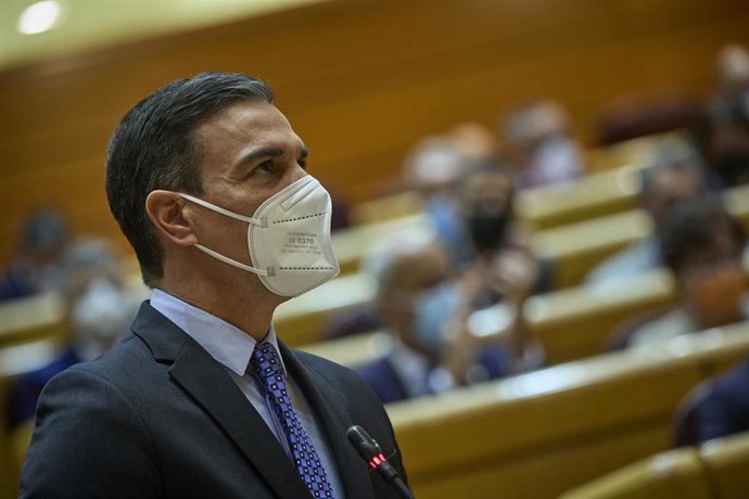 El presidente del Gobierno, Pedro Sánchez, interviene durante un sesión de control al Gobierno en el Senado, a 16 de noviembre de 2021, en Madrid (España).