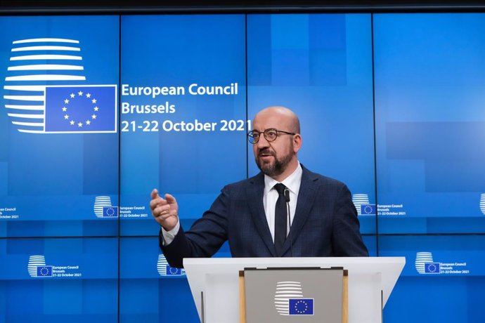 HANDOUT - 22 October 2021, Belgium, Brussels: European Council President Charles Michel and European Commission President Ursula Von der Leyen (not pictured) hold a press conference after attending the European Union summit at The European Council. Phot