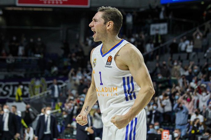 Fabian Causer of Real Madrid celebrates the victory after Turkish Airlines Euroleague basketball match between Real Madrid and Fenerbahce at Wizink Center on October 21th, 2021 in Madrid, Spain.