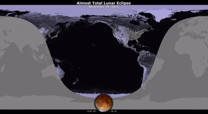 Un mapa que muestra la visibilidad del eclipse lunar parcial del 18 al 19 de noviembre de 2021.