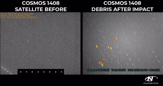 Fotografía del campo de escombros creado por la prueba antisatélite rusa contra el satélite Cosmos1408