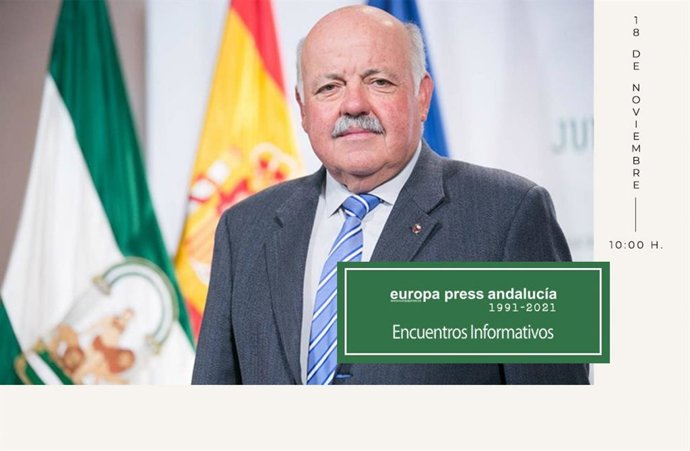 Cartel anunciador de la participación del consejero de Salud, Jesús Aguirre, en los encuentros informativos de Europa Press Andalucía en Jaén este 18 de noviembre