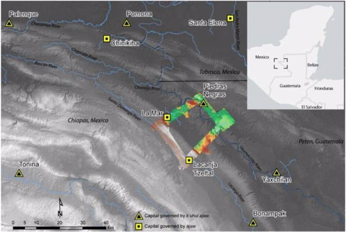 El equipo de investigación examinó una pequeña área en las tierras bajas mayas occidentales situada en la frontera actual entre México y Guatemala, que se muestra en contexto aquí.