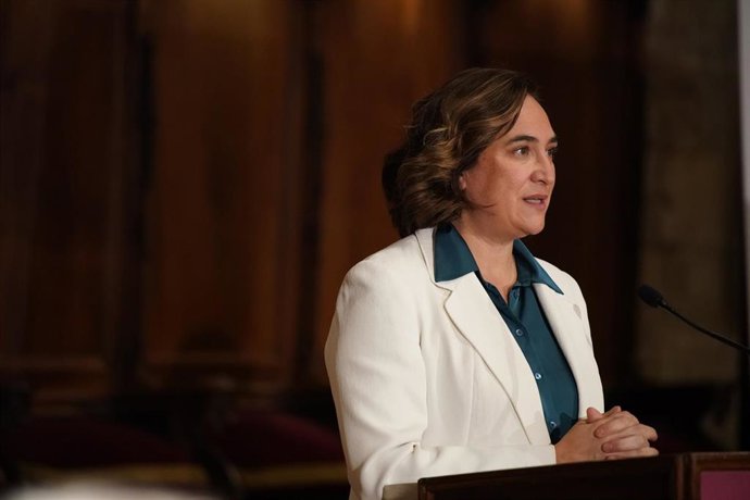 La alcaldesa de Barcelona, Ada Colau, durante el acto en el que se ha formalizado el convenio de cocapitalidad cultural y científica de Barcelona.