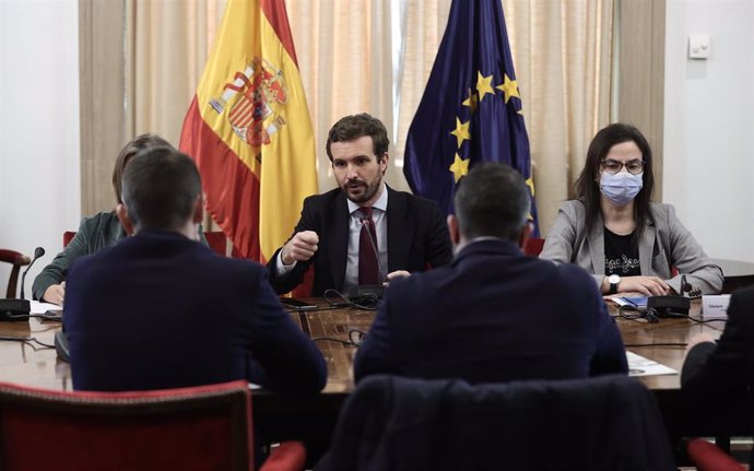 El presidente del Partido Popular, Pablo Casado, durante una reunión con representantes de sindicatos policiales y asociaciones de la Guardia Civil, en el Congreso de los Diputados, a 16 de noviembre de 2021, en Madrid, (España). 