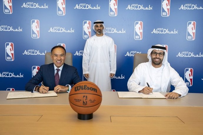 NBA Deputy Commissioner and Chief Operating Officer Mark Tatum; NBA Managing Director, Europe and the Middle East, Ralph Rivera; and Department of Culture and Tourism - Abu Dhabi Chairman HE Mohamed Khalifa Al Mubarak (Credit: NBAE/Getty Images)