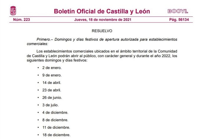 Imagen de la Orden publicada en el Bocyl con los domingos y festivos de apertura comercial autorizados en 2022