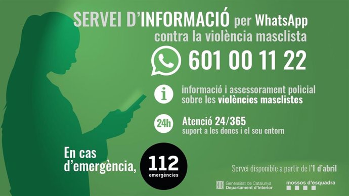 Archivo - El nuevo número de WhatsApp de los Mossos d'Esquadra de atención e información sobre violencia machista (601 00 11 22) 