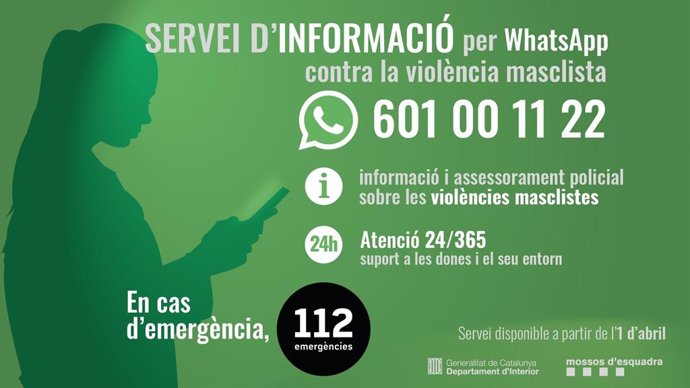 Archivo - Arxiu - El nou número de WhatsApp dels Mossos d'Esquadra d'atenció i informació sobre violncia masclista (601 00 11 22) 