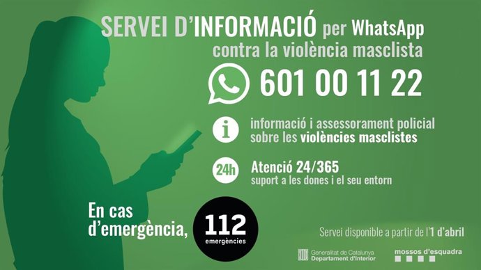 Archivo - Arxiu - El nou número de WhatsApp dels Mossos d'Esquadra d'atenció i informació sobre violncia masclista (601 00 11 22) 