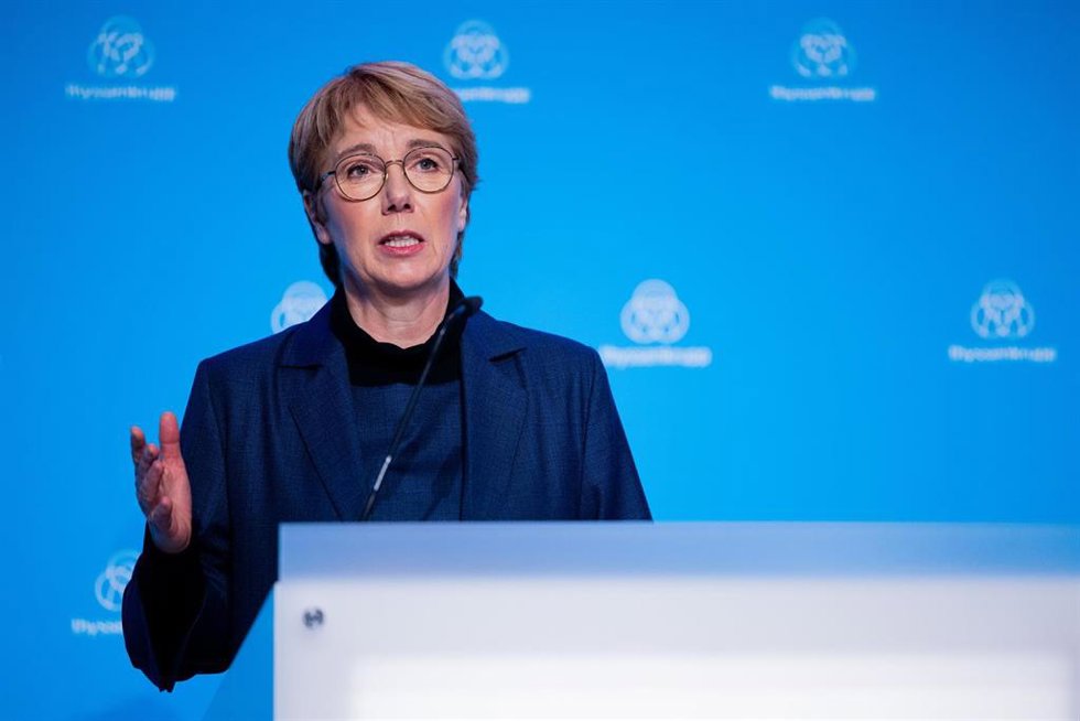 18 November 2021, North Rhine-Westphalia, Essen: Martina Merz, Chairman of the Executive Board of thyssenkrupp, speaks during the Group's Annual Press Conference. Photo: Rolf Vennenbernd/dpa