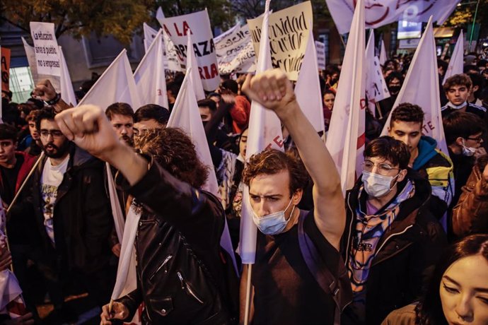 Varios estudiantes se movilizan en contra de las reformas universitarias frente al Congreso de los Diputados, en Madrid