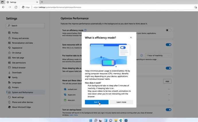 Captura de la nueva función para ahorrar energía en Microsoft Edge