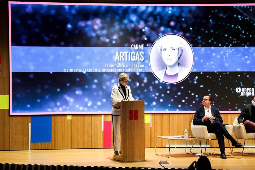 Carme Artigas, secretaria de Estado de Digitalización e Inteligencia Artificial, durante su intervención en la 18 edición de Hoy es Marketing, organizado por ESIC