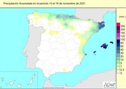 Precipitación acumulada en el periodo del 10 al 16 de noviembre de 2021