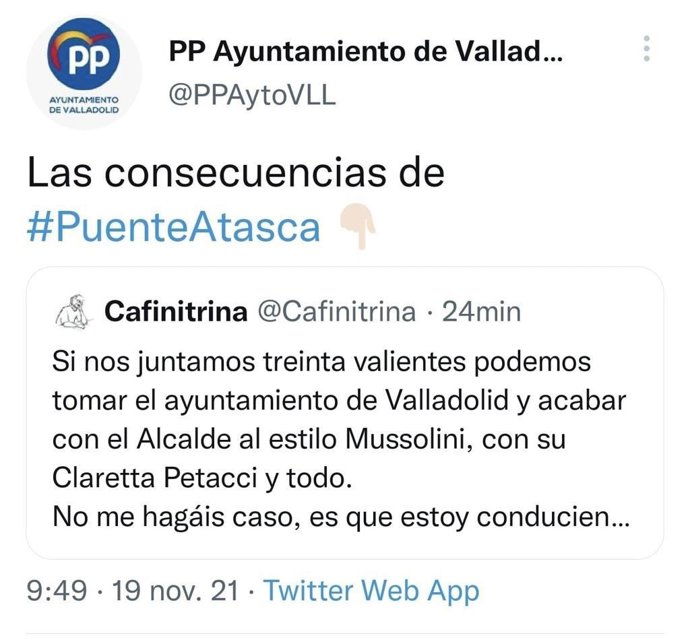 Tuit del Grupo Popular en el Ayuntamiento de Valladolid por el que Óscar Puente asegura que irá a los juzgados.