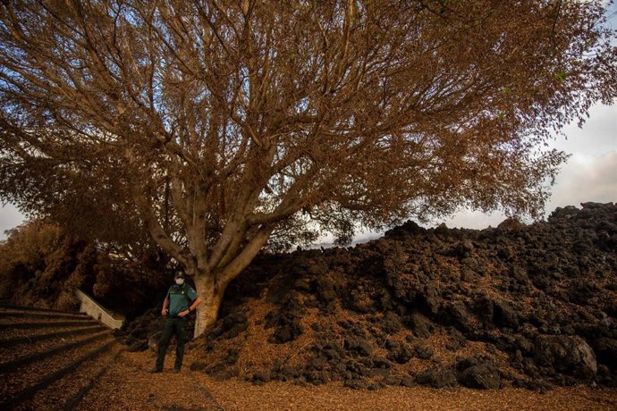 Un miembro de la guarda civil junto a la lava del volcán de cumbre vieja desde la Montaña del municipio de La Laguna