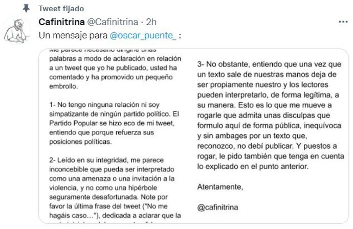 Mensaje en el que el usuario que escribió el mensaje en el que se animaba a "acabar con el alcalde al estilo Mussolini" pide disculpas a Óscar Puente.
