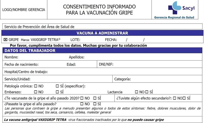 Imagen del consentimiento que se pide a los trabajadores de Sacyl y facilitado por CSIF