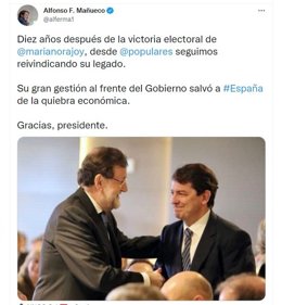 Captura del mensaje de Mañueco en el que reivindica el legado de Rajoy